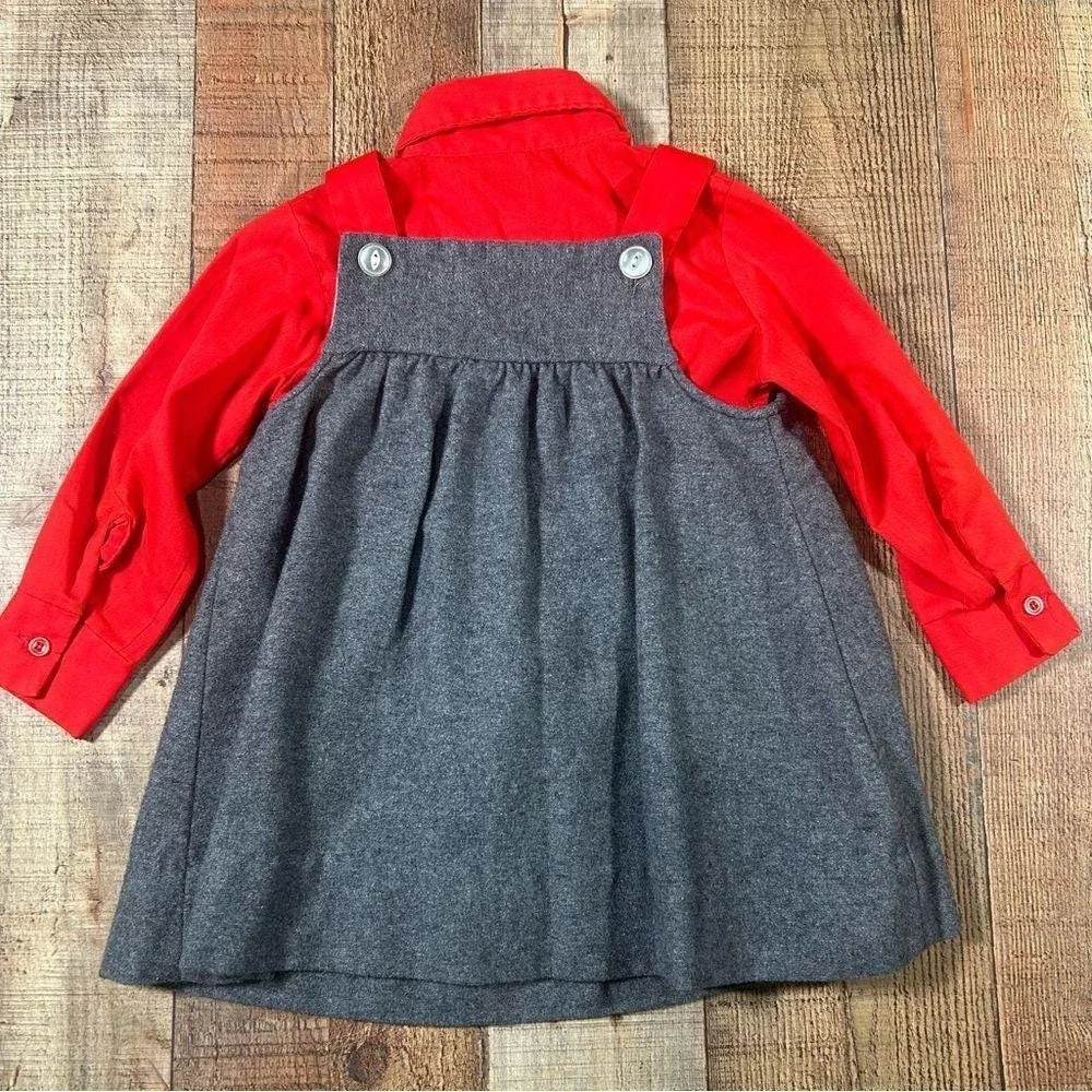 Vintage 70s Folk Jumper Dress Set Red Shirt Heart Flower Applique 4T Girls
